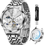 Reloj OLEVS Skeleton para Hombre Automático de Negocios Lujo con Diamante, Reloj Automático de Carga, Reloj de Pulsera con Calendario de Acero Inoxidable