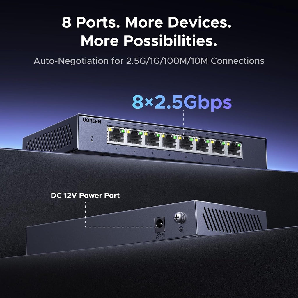 UGREEN Interruptor de 2.5 Gb, conmutador Ethernet de 8 puertos, 8 x 2.5 Gb