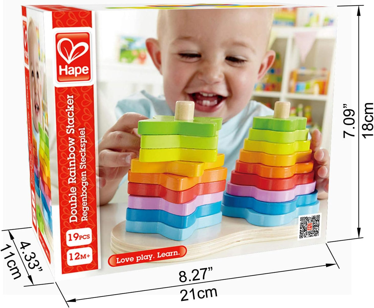 Hape - Juego de anillos de madera con doble apilador de arco iris para niños, L: 7.9, ancho: 4.1, altura: 4.3 pulgadas
