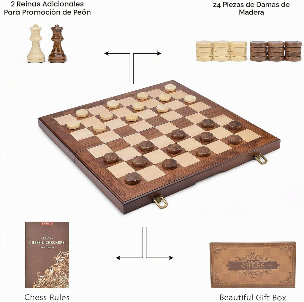 AMEROUS Juego de ajedrez y damas de madera con piezas de ajedrez ponderadas mejoradas, juegos de mesa de ajedrez de 15 pulgadas (2 en 1) para niños, adultos con 2 reinas adicionales/24 piezas de animadores/paquete de regalo