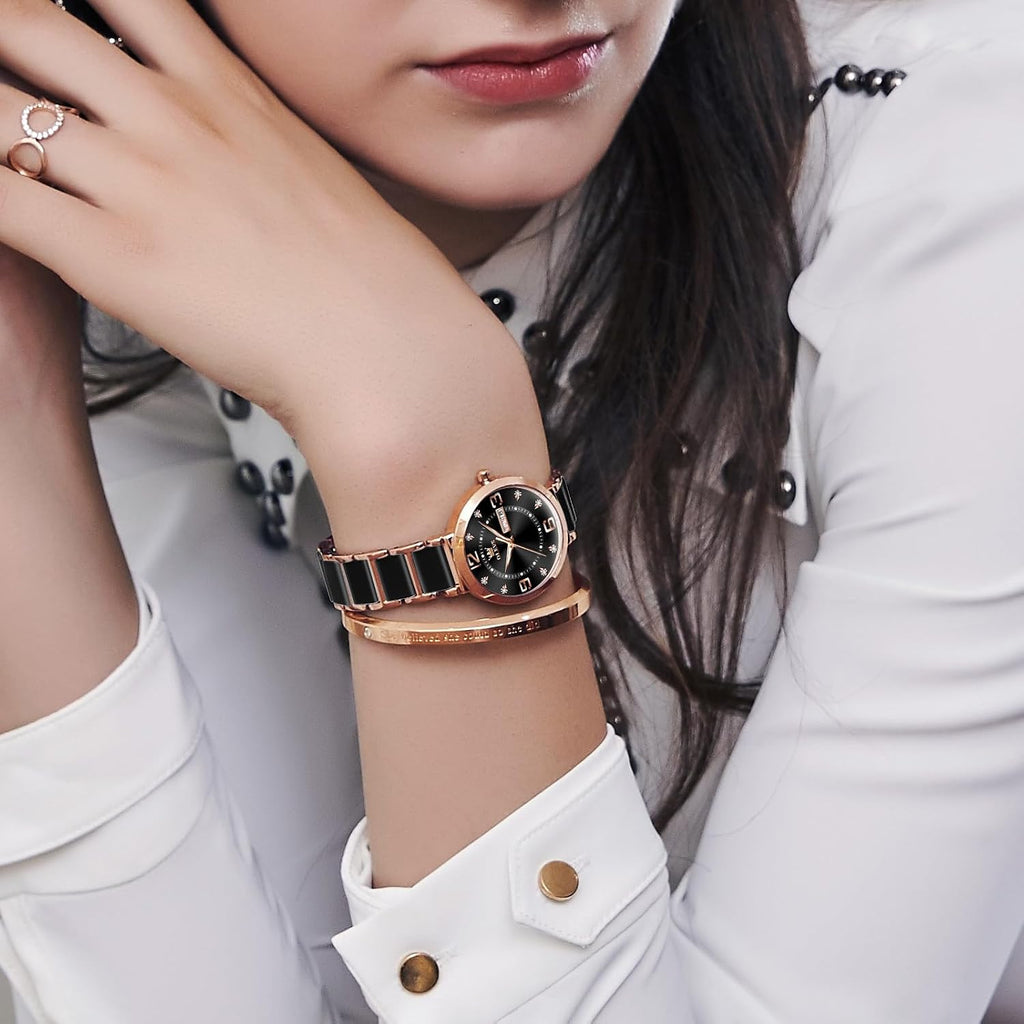 OLEVS Reloj para Mujer - Cara Pequeña, Correa de Cerámica y Acero Inoxidable, Lujo con Acentos Diamante, Elegante Reloj de Vestir para Damas, Resistente al Agua, Carga Luminosa de Cuarzo, Joyas Relojes Regalo para Mujeres