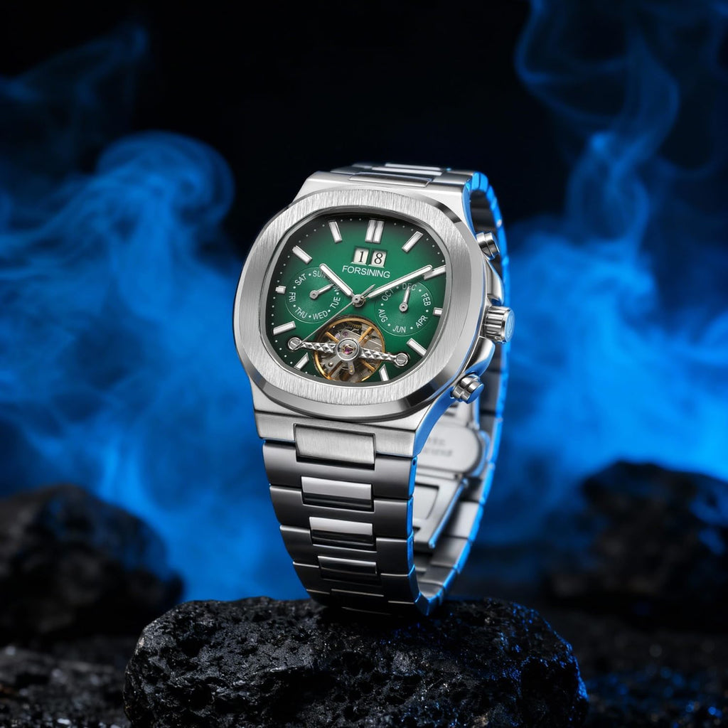 FORSINING Reloj mecánico automático para hombre, caja cuadrada clásica, esfera Tourbillon, multifuncional (fecha/semana/mes) reloj de pulsera casual de negocios con acero inoxidable Starp impermeable