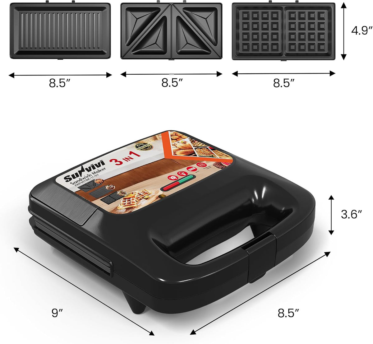 Sandwichera eléctrica 3 en 1 con placas antiadherentes extraíbles, 800 W, color negro