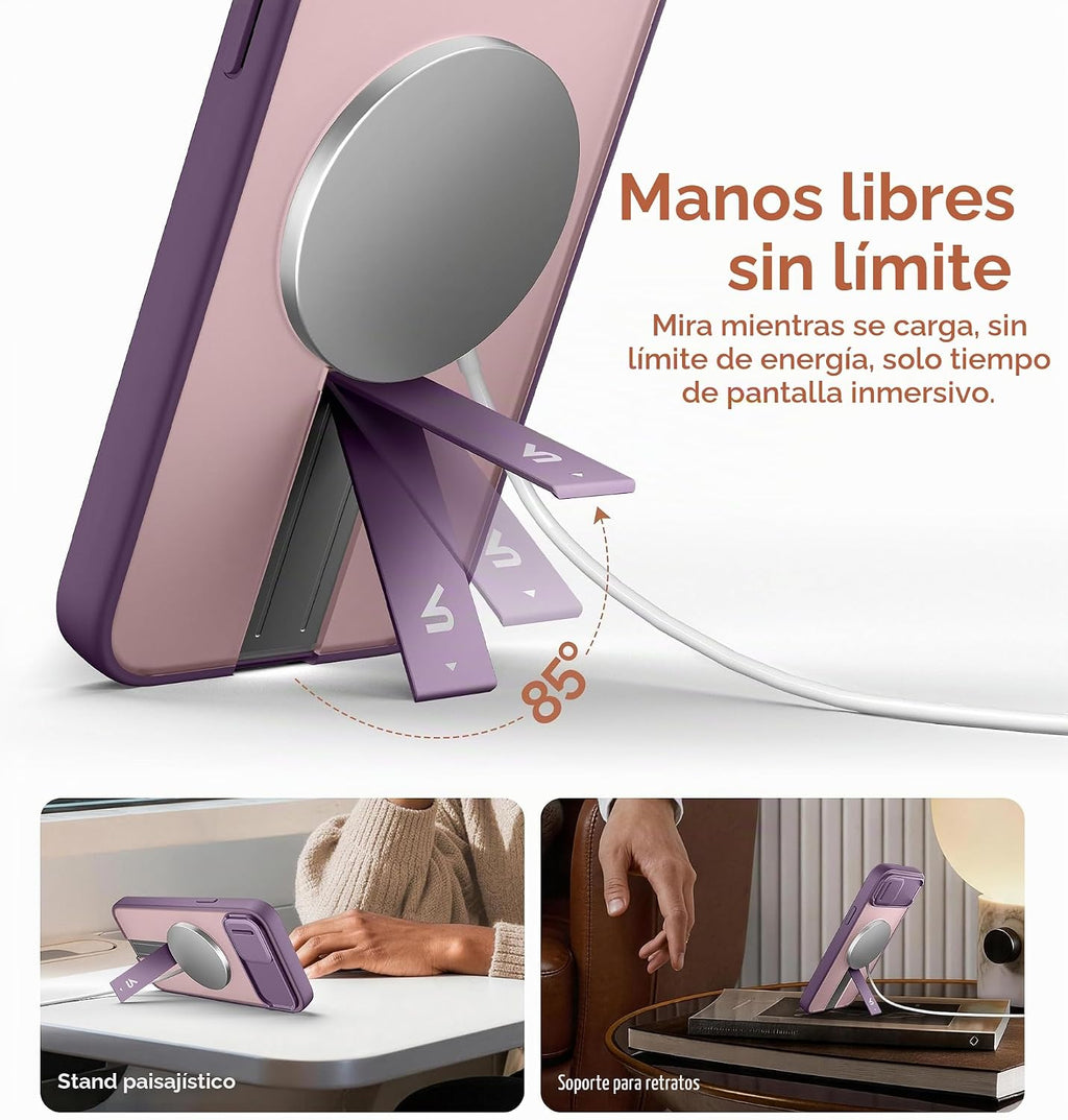 SURITCH Funda para iPhone 15, compatible con MagSafe, soporte integrado y cubierta de cámara y parte trasera translúcida, funda protectora resistente a prueba de golpes de 6.1 pulgadas, morado