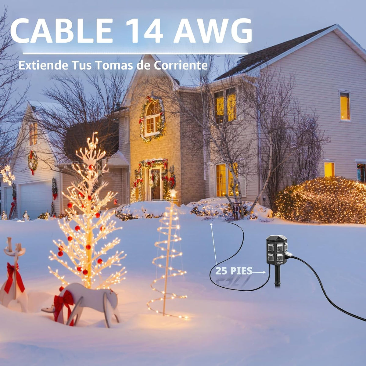 Tira de alimentación para exteriores resistente a la intemperie, cable de extensión de 25 pies con estaca, 6 tomas de tierra para decoraciones de Halloween y Navidad, 15A/1875W