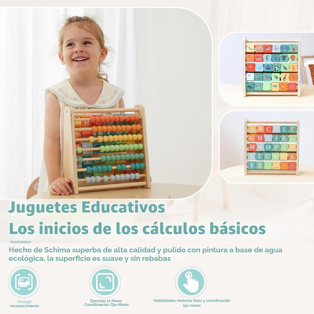 FReniland - Cubo de actividades de madera – Ábaco de doble cara y azulejos del alfabeto para niños de 18 meses, juguete educativo de conteo para preescolar y aprendizaje en casa