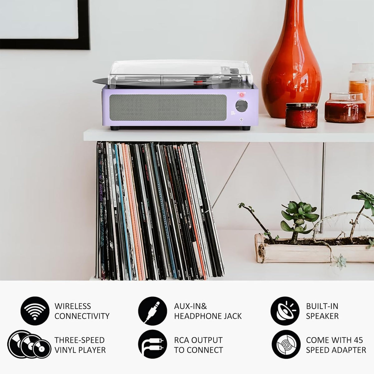 Reproductor de discos de vinilo todo en uno con altavoces, tocadiscos con transmisión por correa de 3 velocidades, 3 tamaños, 33 1/3 45 78 RPM, BT inalámbrico, entrada para auriculares AUX, RCA