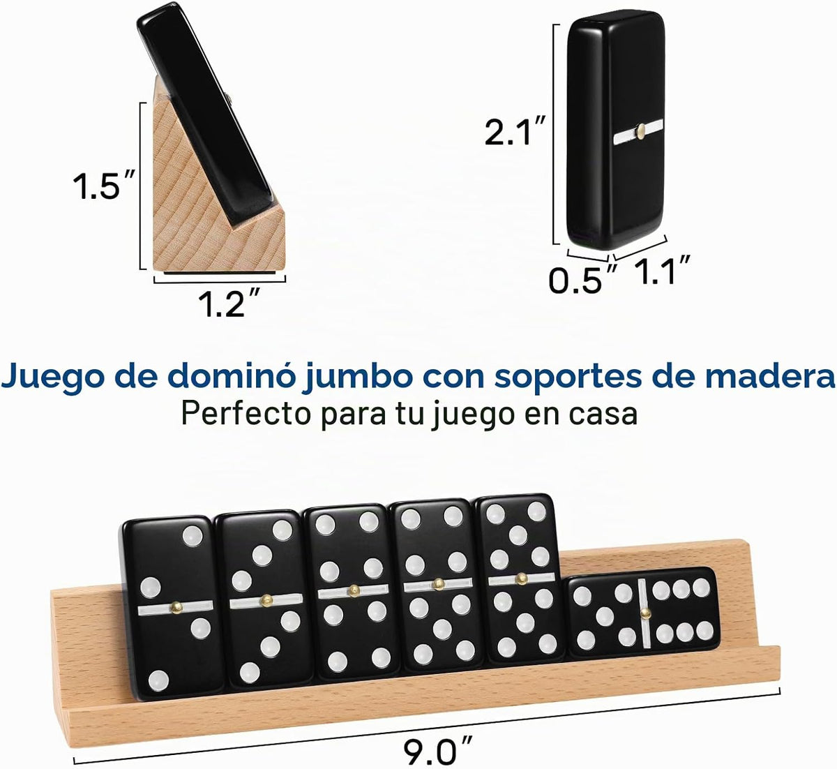 Juego de dominó jumbo para adultos con 4 bastidores de madera/bandejas, juego de viaje de 6 dominó dobles con funda portátil, juego de dominó doble de seis con 4 soportes para azulejos, juego de dominó de 28 azulejos para juegos de mesa familiares