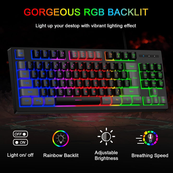 BlueFinger Combo de Teclado Gaming RGB de 87 Teclas y Mouse Retroil...