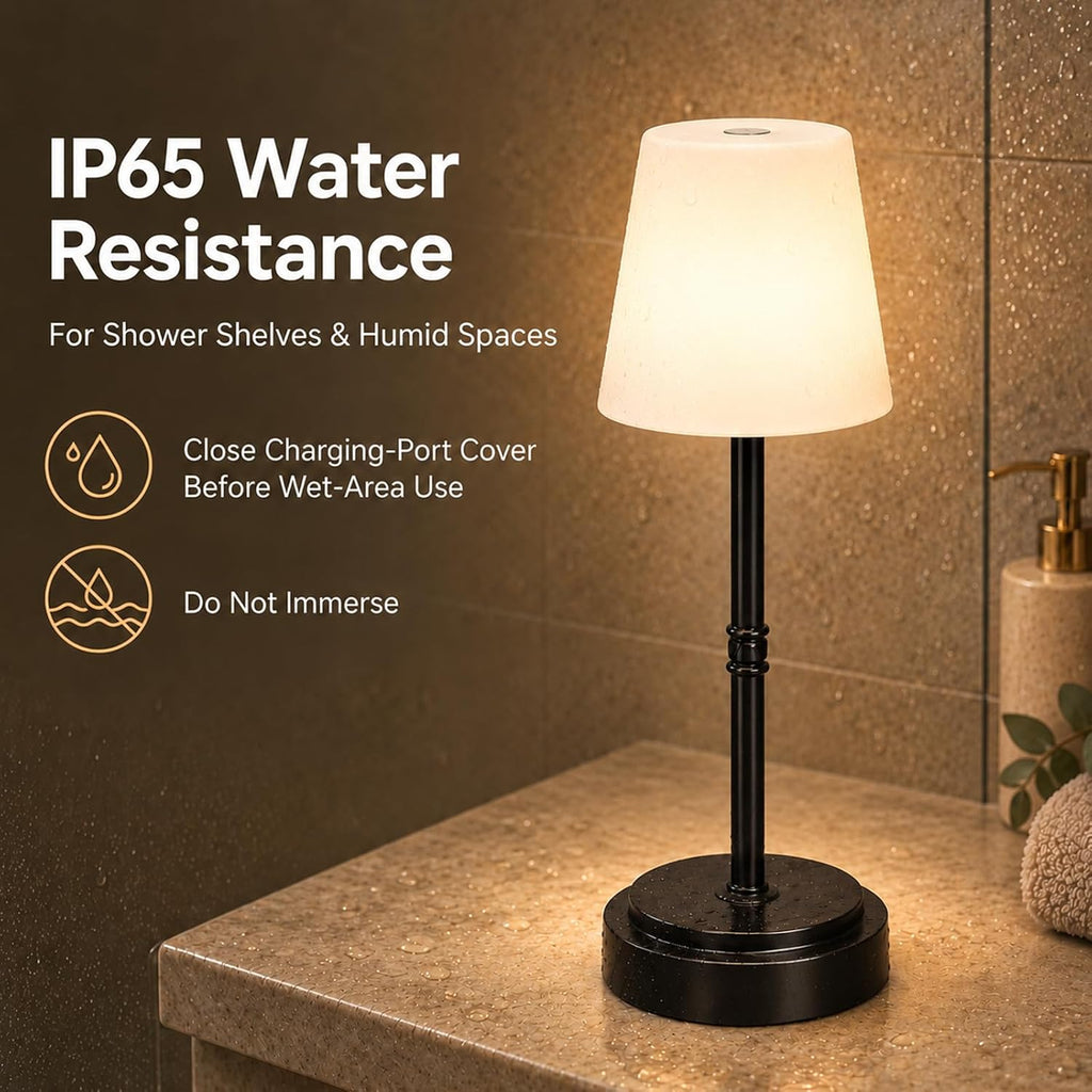 Lámpara Lámpara de mesa LED inalámbrica recargable, lámpara de ducha IP65, negro