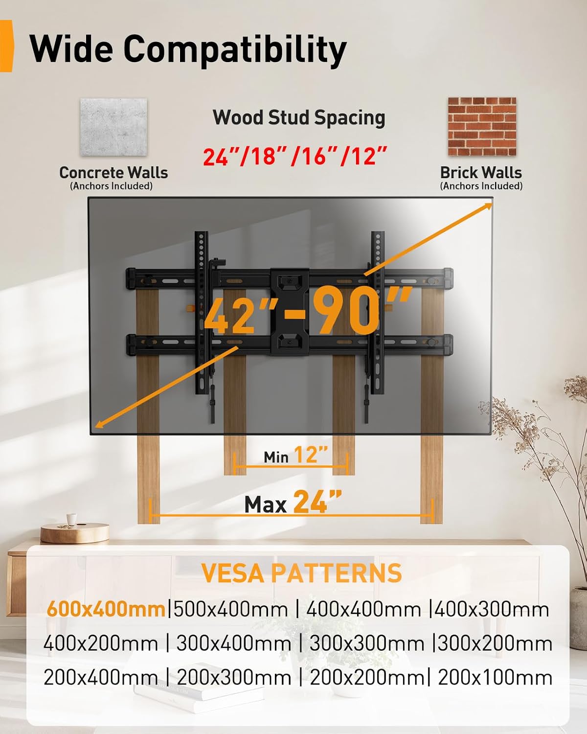 Perlegear Soporte de barra de sonido con altura ajustable de hasta 15 libras PGSM04B, soporte de pared de TV inclinable para televisores de 42 a 90 pulgadas con ajuste de nivelación de hasta 132