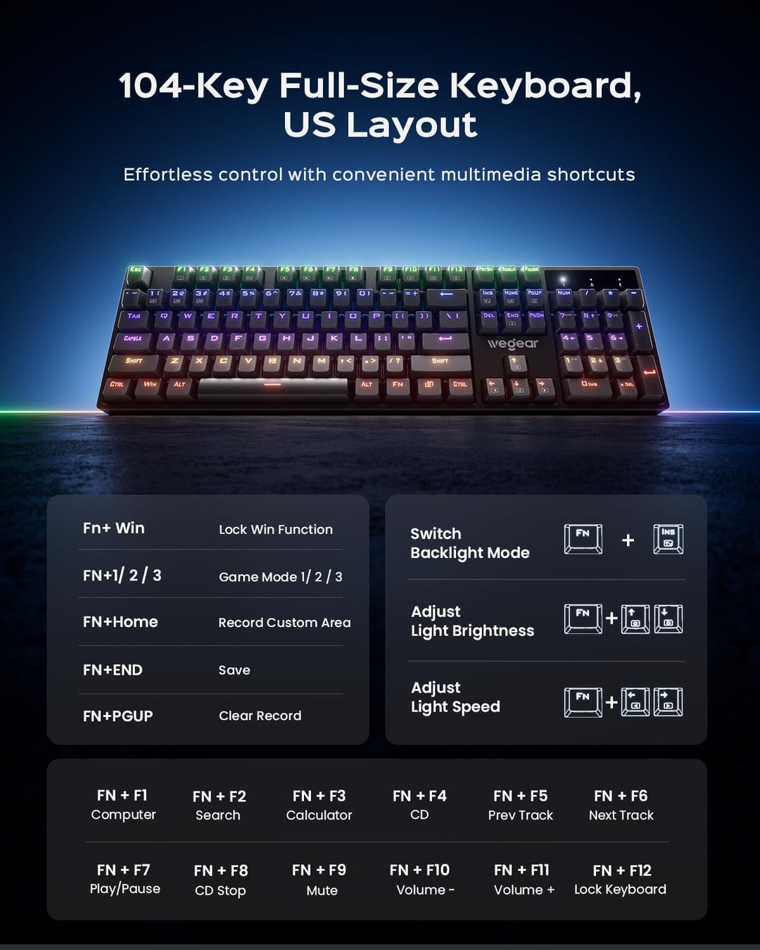 wegear Teclado mecánico para juegos con interruptor azul, teclado r...