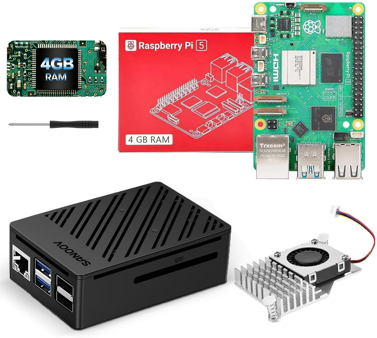 Kit Básico SANOOV para Raspberry Pi 5 4GB RAM con Enfriador Activo,...