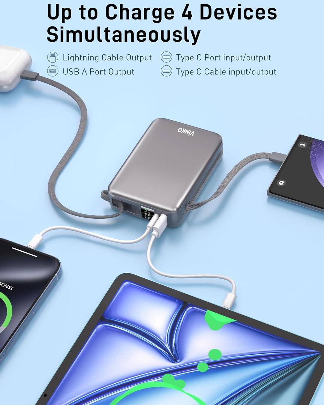 VINKO Cargador portátil con cable integrado de 22.5 W, 20000 mAh, c...
