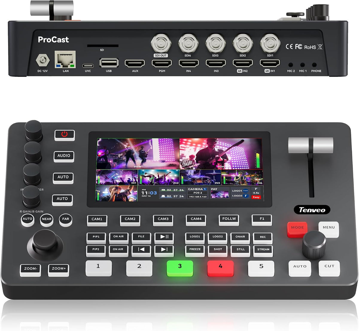 Tenveo - Mezclador de conmutador de video HDMI 4K60FPS, 4 entradas SDI y 4 HDMI, conmutador de transmisión en vivo de 5 canales, pantalla FHD de 5.5 pulgadas, salida 1080P60FPS, grabación USB/SD