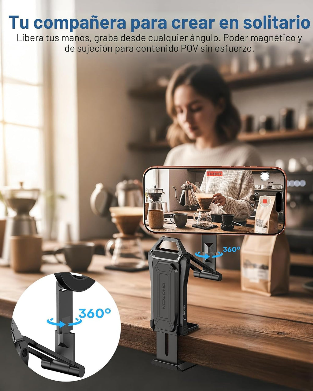 OMOTON TP02-Pro 5 en 1 Soporte Magnético para Teléfono para Vlogging Essentials, Negro