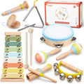 Ehome - Juego de instrumentos musicales Montessori de madera para niños y niñas de 3, 4, 5, 6 años, kit de música de percusión de color neutro con tambor, xilófono, bolsa de almacenamiento, regalo de aprendizaje de cumpleaños