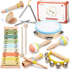 Ehome - Juego de instrumentos musicales Montessori de madera para niños y niñas de 3, 4, 5, 6 años, kit de música de percusión de color neutro con tambor, xilófono, bolsa de almacenamiento, regalo de aprendizaje de cumpleaños