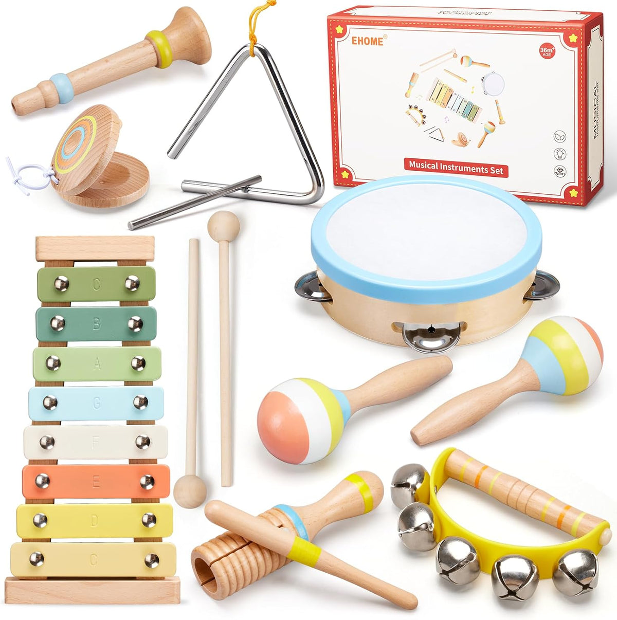 Ehome - Juego de instrumentos musicales Montessori de madera para niños y niñas de 3, 4, 5, 6 años, kit de música de percusión de color neutro con tambor, xilófono, bolsa de almacenamiento, regalo de aprendizaje de cumpleaños