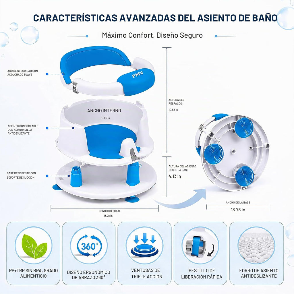 PMV Asiento de baño para bebés sentados, silla de baño antideslizante con 3 ventosas, asiento de apoyo de baño seguro y cómodo para uso en baño/ducha, diseño estable, (6 a 24 meses) (azul)