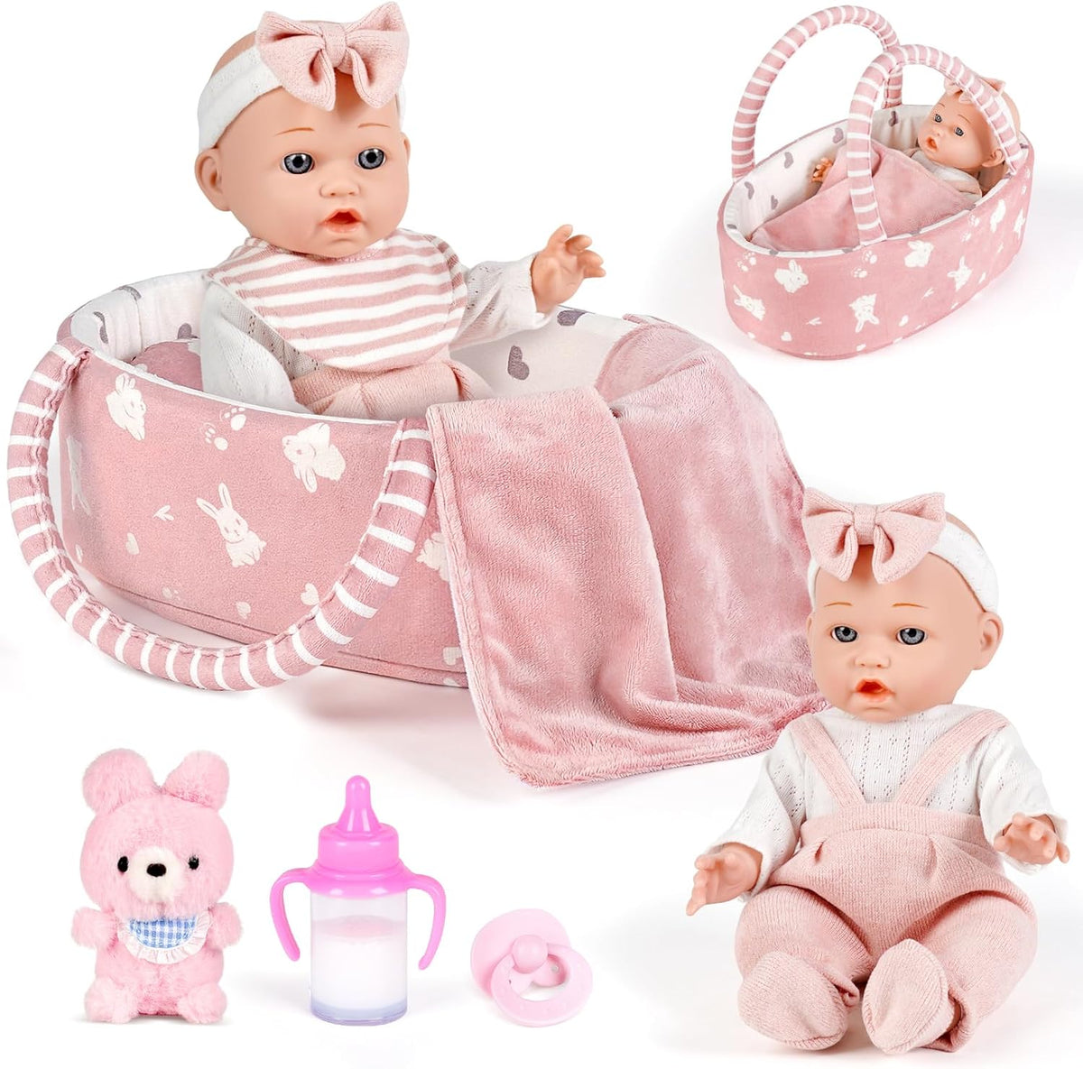 Dreamon Juego de Muñeca Bebé de 12 pulgadas con Cuna Moisés Portátil, Rosa