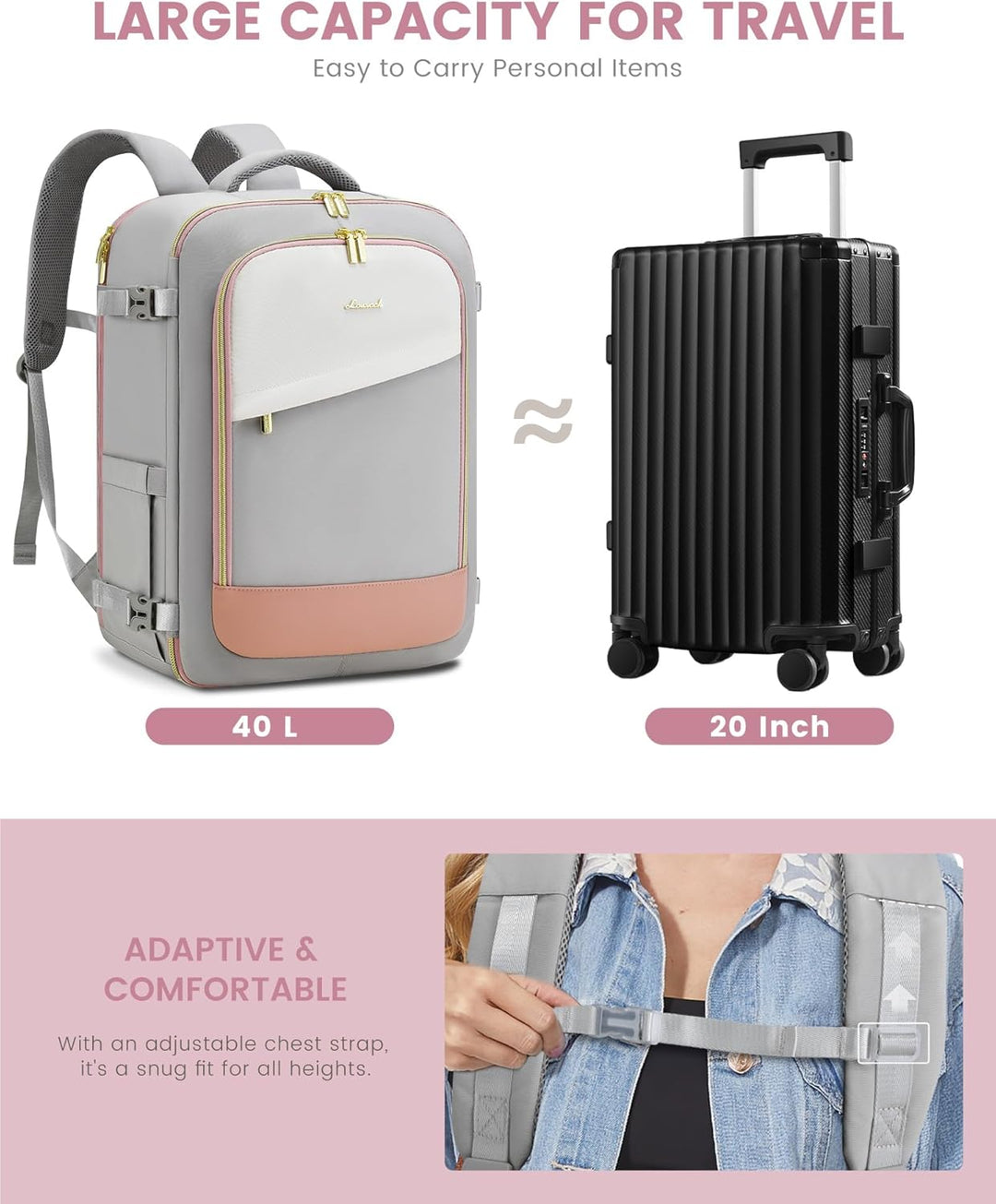 LOVEVOOK: Mochila de viaje para mujer, mochila de 40L para llevar e...