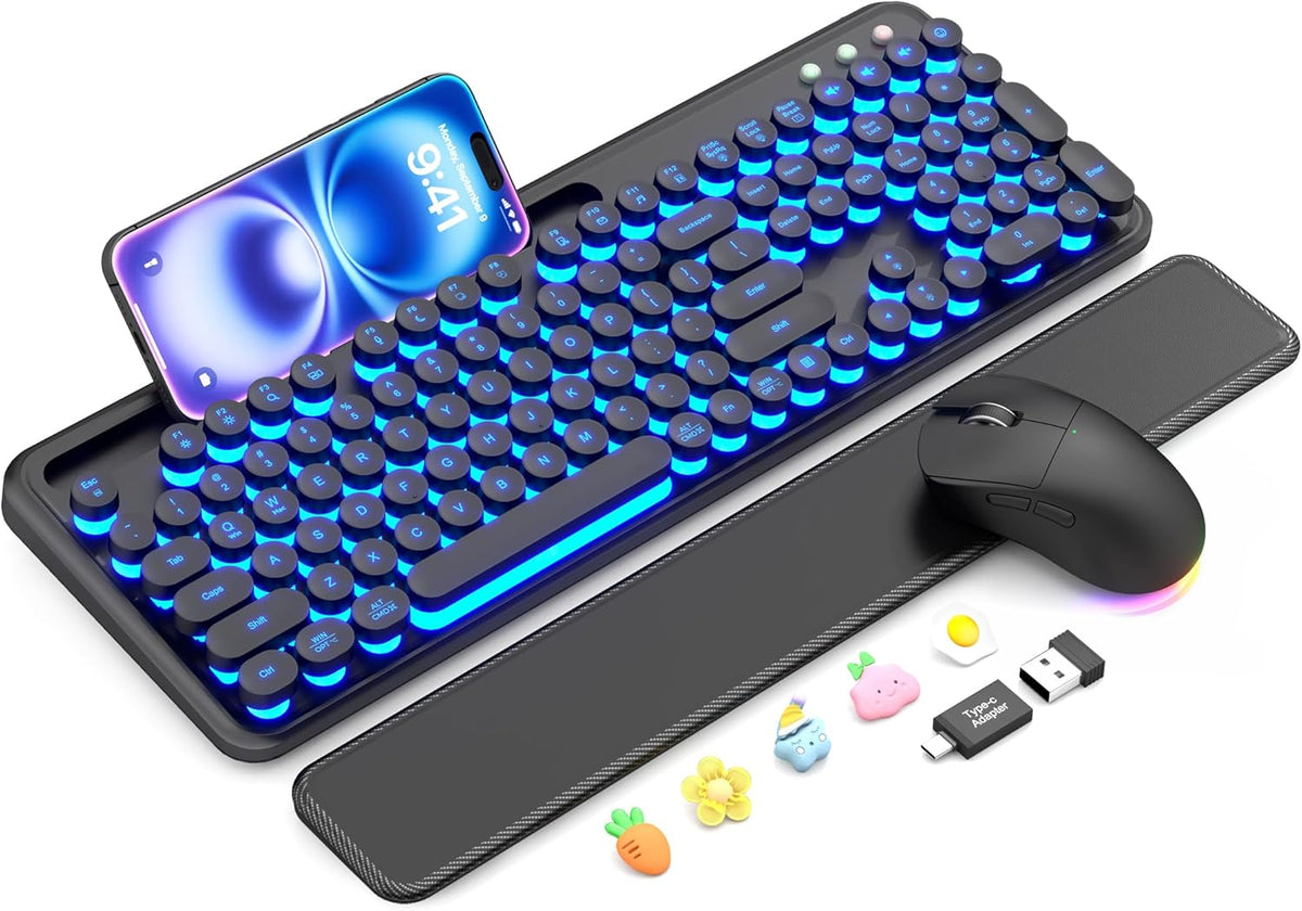 Teclado y mouse inalámbricos, máquina de escribir retroiluminada co...