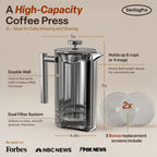 SterlingPro Cafetera de prensa francesa de acero inoxidable con aislamiento no tóxico, 34 onzas, cafetera de doble pared de metal aislada, sin plástico, tacto frío, acabado espejo, hace hasta 8 tazas