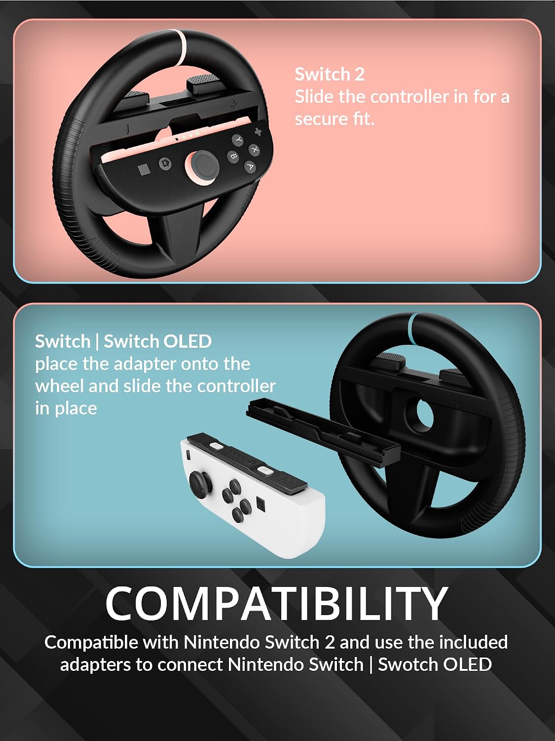 Orzly Volante Compatible con Switch 2 (Consola 2025) – Paquete Twin de Accesorios de Volante para Joy-Con Controllers y Juegos de Carrera de MarioKart (2 Volantes Neutros/Negros) Empacado como Regalo