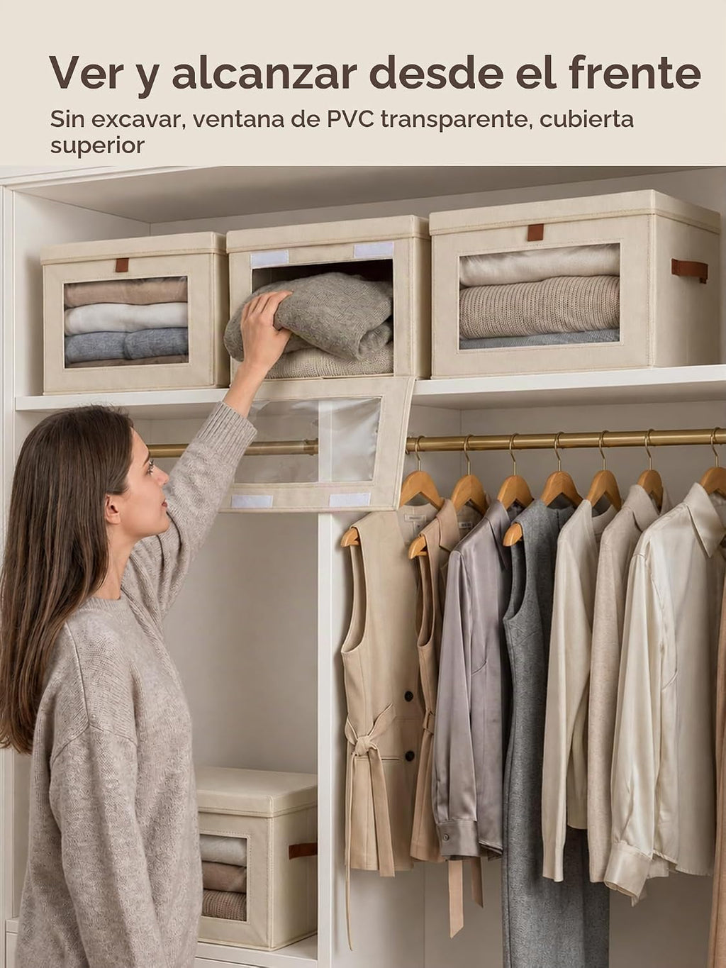 Cajas de almacenamiento plegables - Organizador grande para armario con asas y ventana, cajas de almacenamiento decorativas, contenedores de tela para sala de estar, dormitorio, paquete de