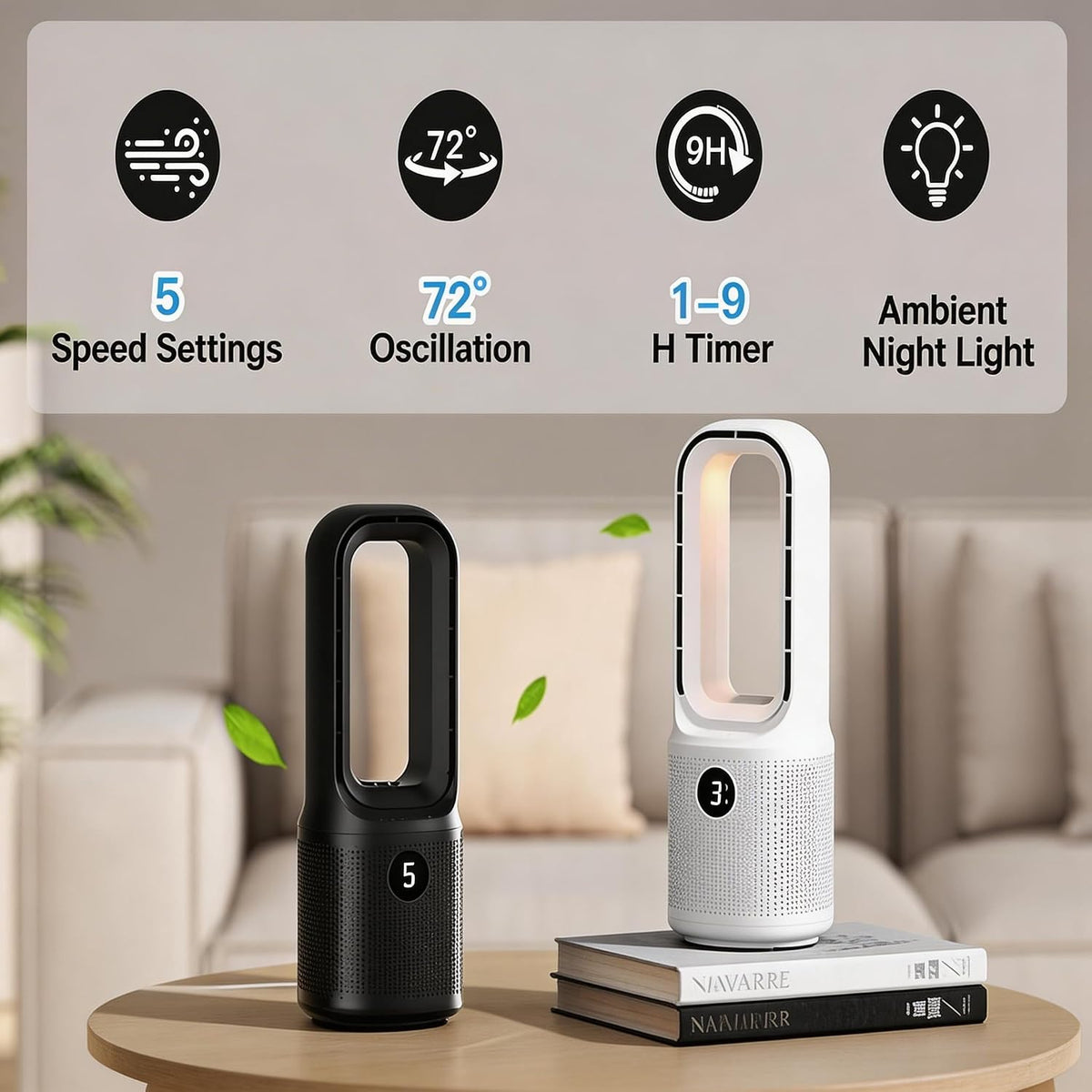 let'me Ventilador de escritorio sin aspas, ventilador de mesa pequeño de 5 velocidades con luz nocturna de 3 colores, oscilación de 72°, temporizador de 9 horas, alimentación por cable con adaptador