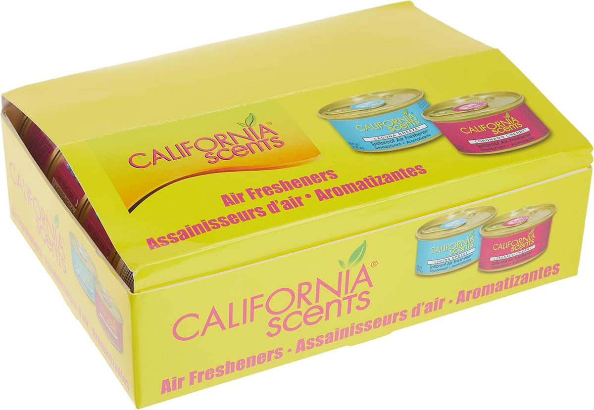 Ambientador y neutralizador de olores en lata de California Scents, juego de 12 latas a prueba de derrames para el hogar y el automóvil, aroma a cereza Coronado, fresco y audaz, 1.5 oz cada una