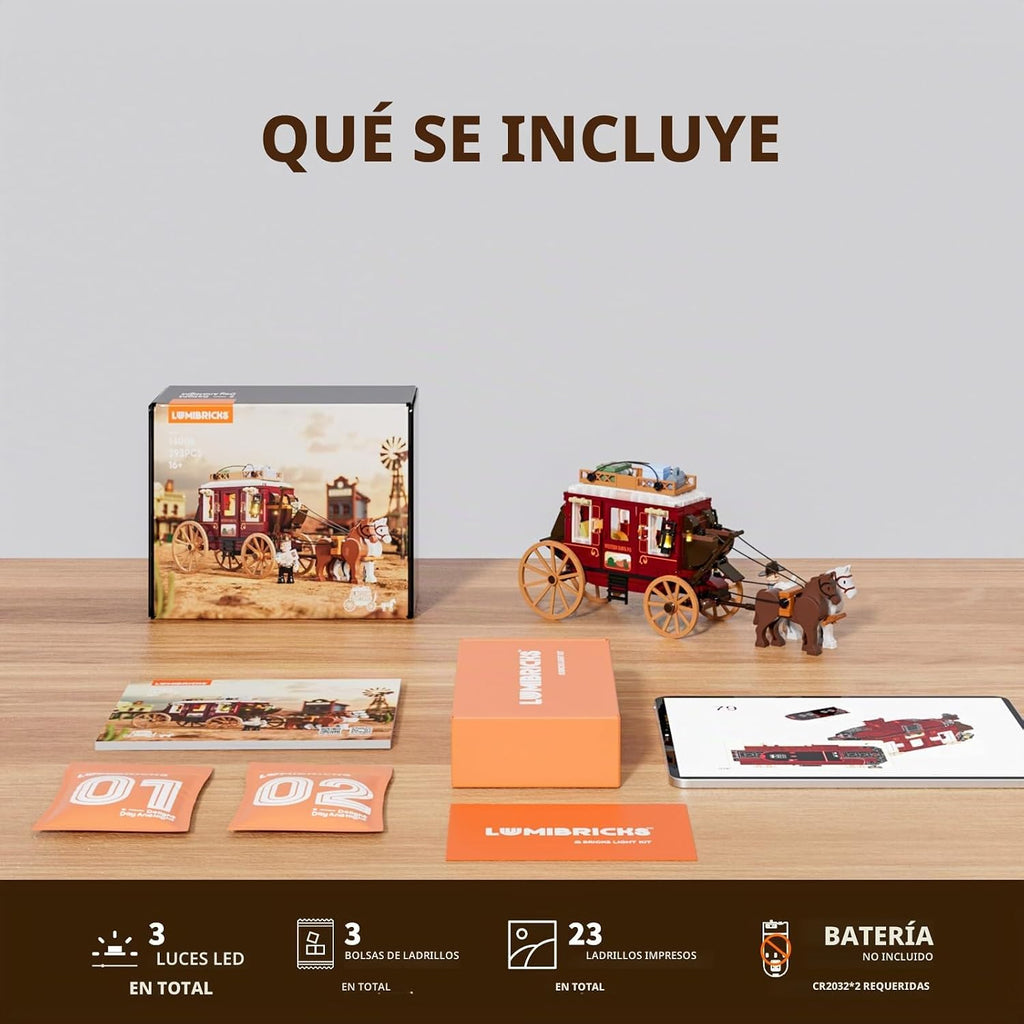 Lámpara Lumibricks Western Stagecoach Lighting - Juego de ladrillos de construcción – Carruaje y caballo del viejo oeste 293 piezas colección juego de exhibición para amantes del oeste