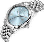 Roberto Marino Reloj de lujo para hombre, acero inoxidable dorado, cuarzo japonés, esfera azul, resistente al agua 3 ATM