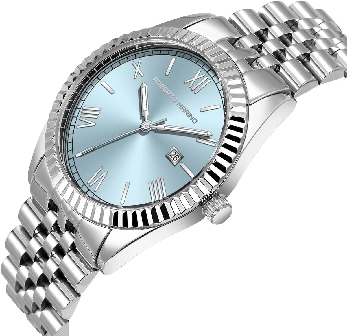 Roberto Marino Reloj de lujo para hombre, acero inoxidable dorado, cuarzo japonés, esfera azul, resistente al agua 3 ATM