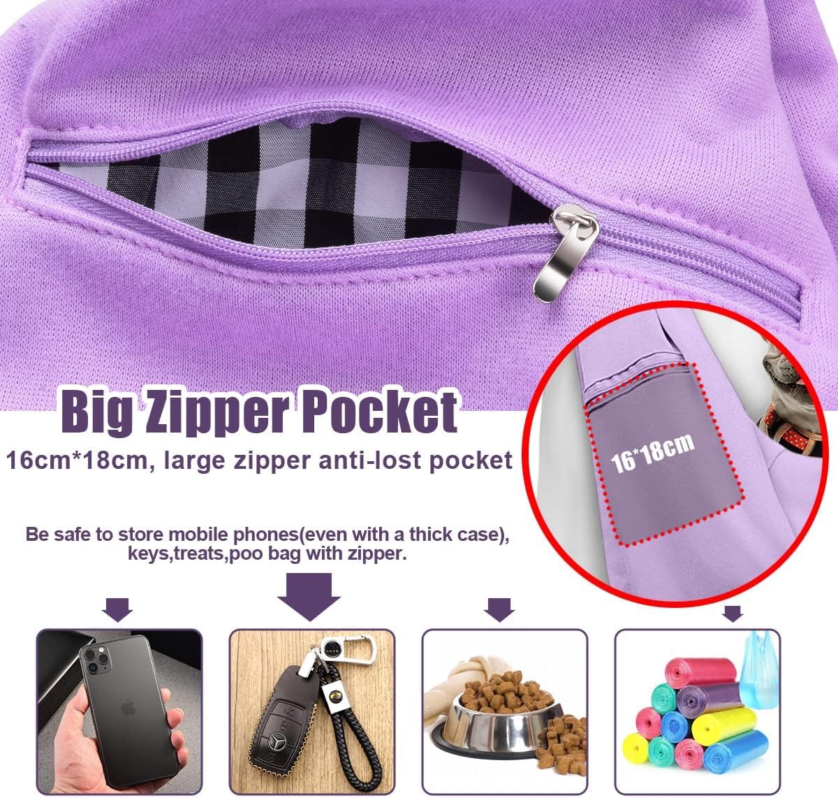 Tomkas Transportador de Cabestrillo para Perros Pequeños – Bolsillo con cremallera y correa ajustable – para mascotas de 3 a 10 libras (morado claro)