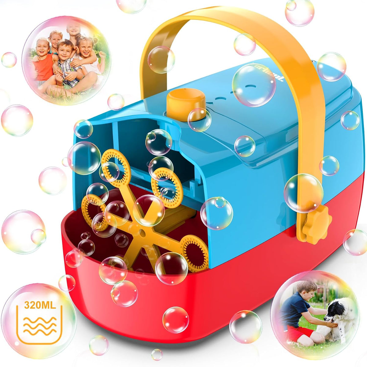 Máquina de burbujas duradera y automática soplador de burbujas, más de 18000 burbujas grandes por minuto para niños pequeños, fabricante de burbujas operado por enchufe o baterías, juguetes de burbujas para interiores y exteriores, fiesta de cumpleaños