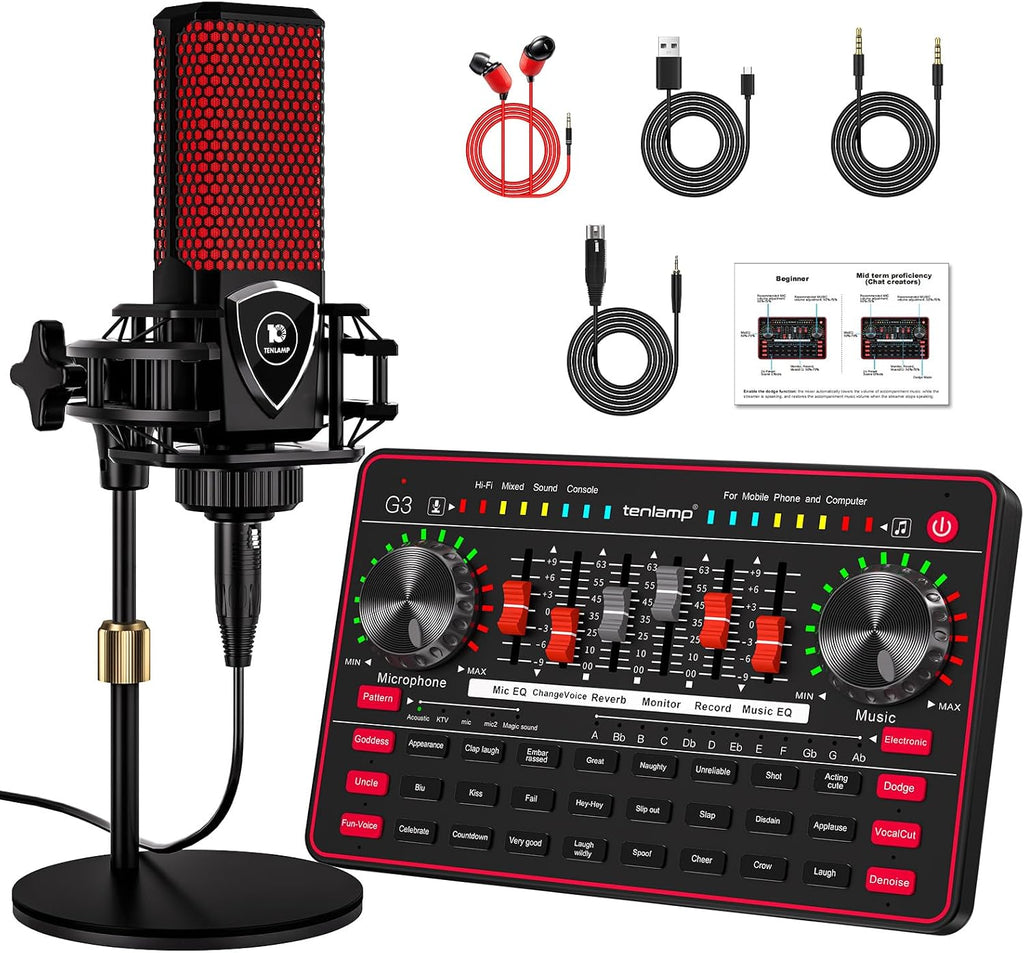Paquete de micrófono de podcast con mezclador de audio de placa de sonido en vivo, equipo de podcast con micrófono de condensador de 3.5mm para transmisión en vivo, canto, juegos en Pc/Teléfono