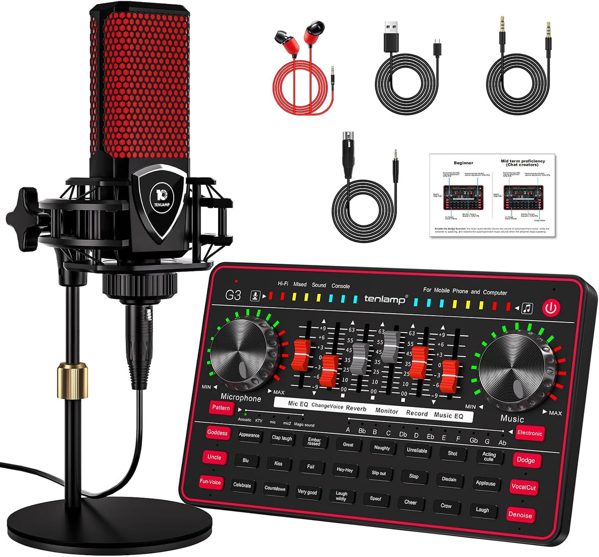Paquete de micrófono de podcast con mezclador de audio de placa de sonido en vivo, equipo de podcast con micrófono de condensador de 3.5mm para transmisión en vivo, canto, juegos en Pc/Teléfono