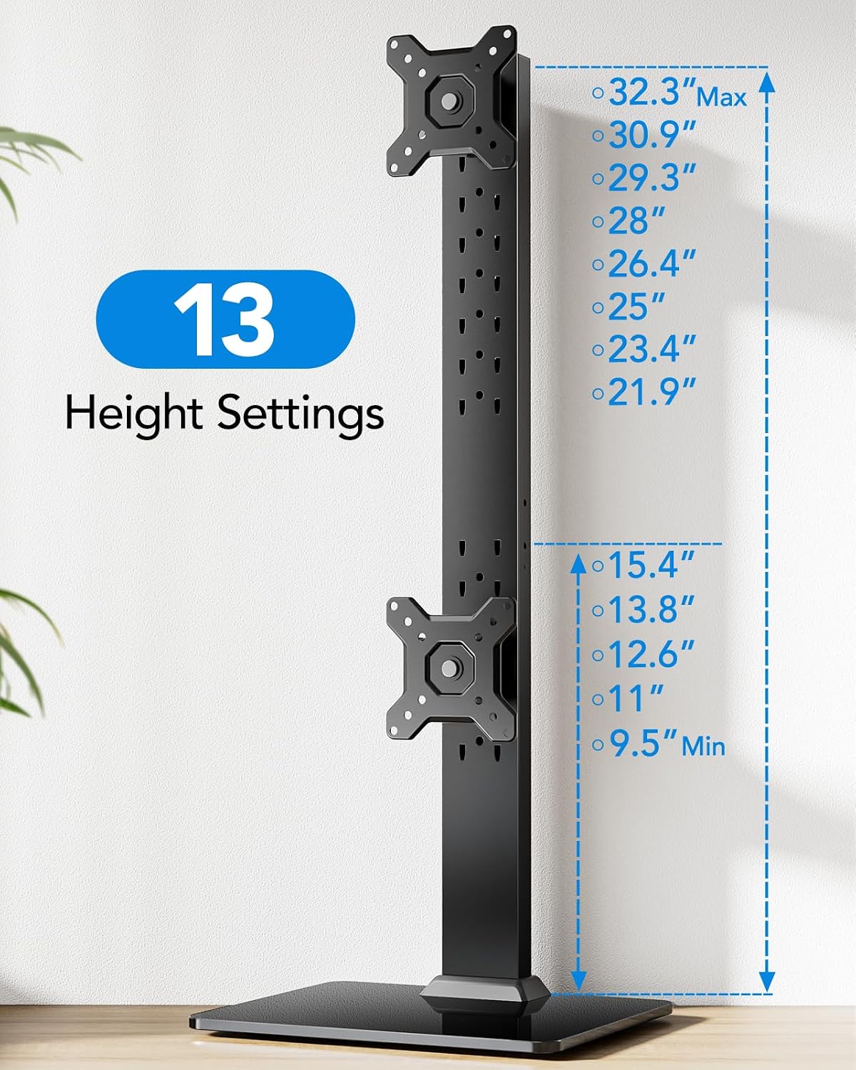HUANUO Soporte de monitor doble para 13 a 34 pulgadas, carga máxima de 44 libras, soporte vertical para monitor, elevador de monitor independiente con giro, inclinación, rotación, 13 ajustes de altura, VESA máximo 100 x 100