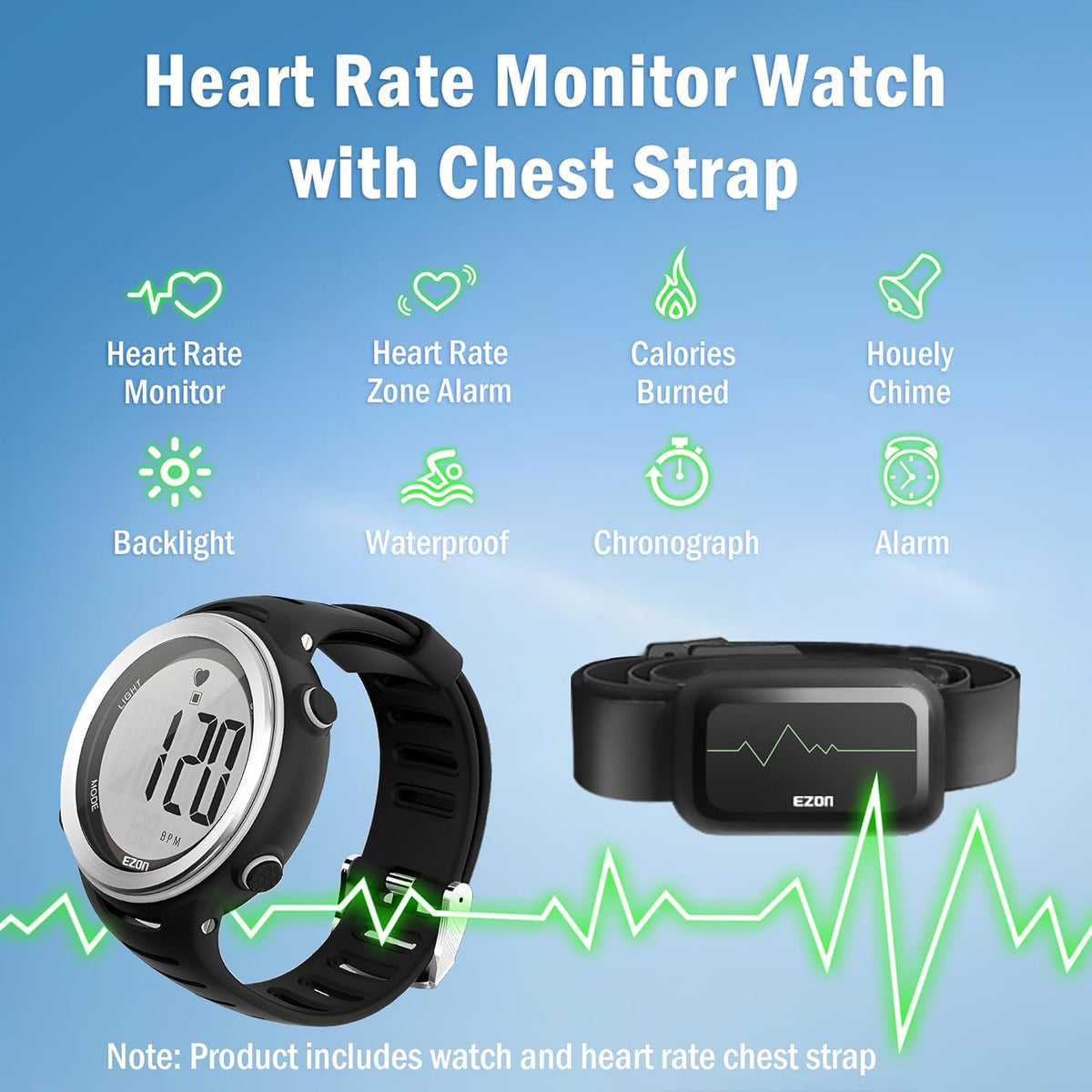 Monitor de frecuencia cardíaca y correa de pecho, monitor de frecuencia cardíaca de ejercicio, reloj deportivo con HRM, impermeable, cronómetro, timbre por hora T007