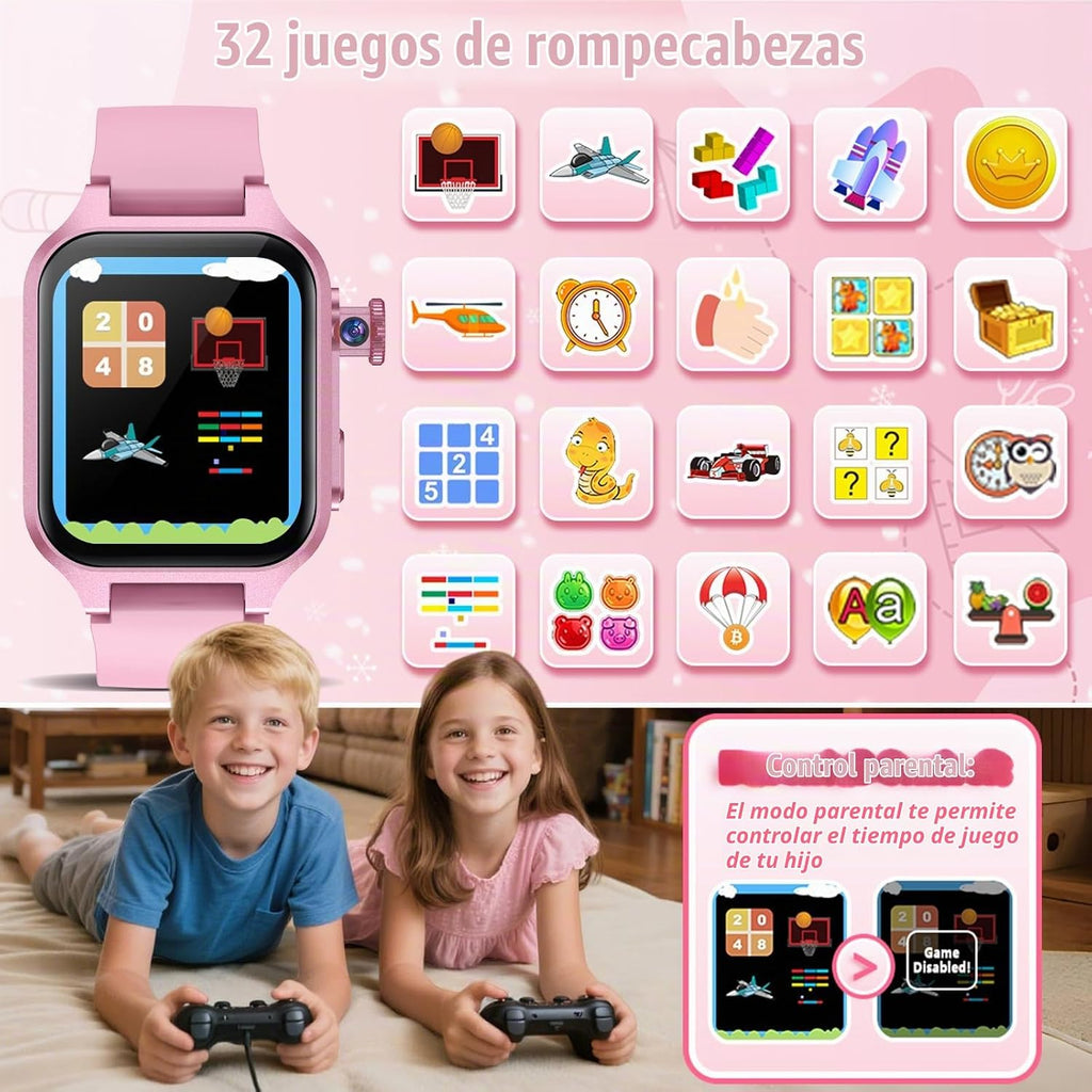 Relojes inteligentes para niñas de 3 a 12 años, juguetes de aprendizaje con 32 juegos, audiolibros, tarjetas de aprendizaje, cámara de video HD, pantalla táctil, música, podómetro, sistemas de aprendizaje, regalo de cumpleaños
