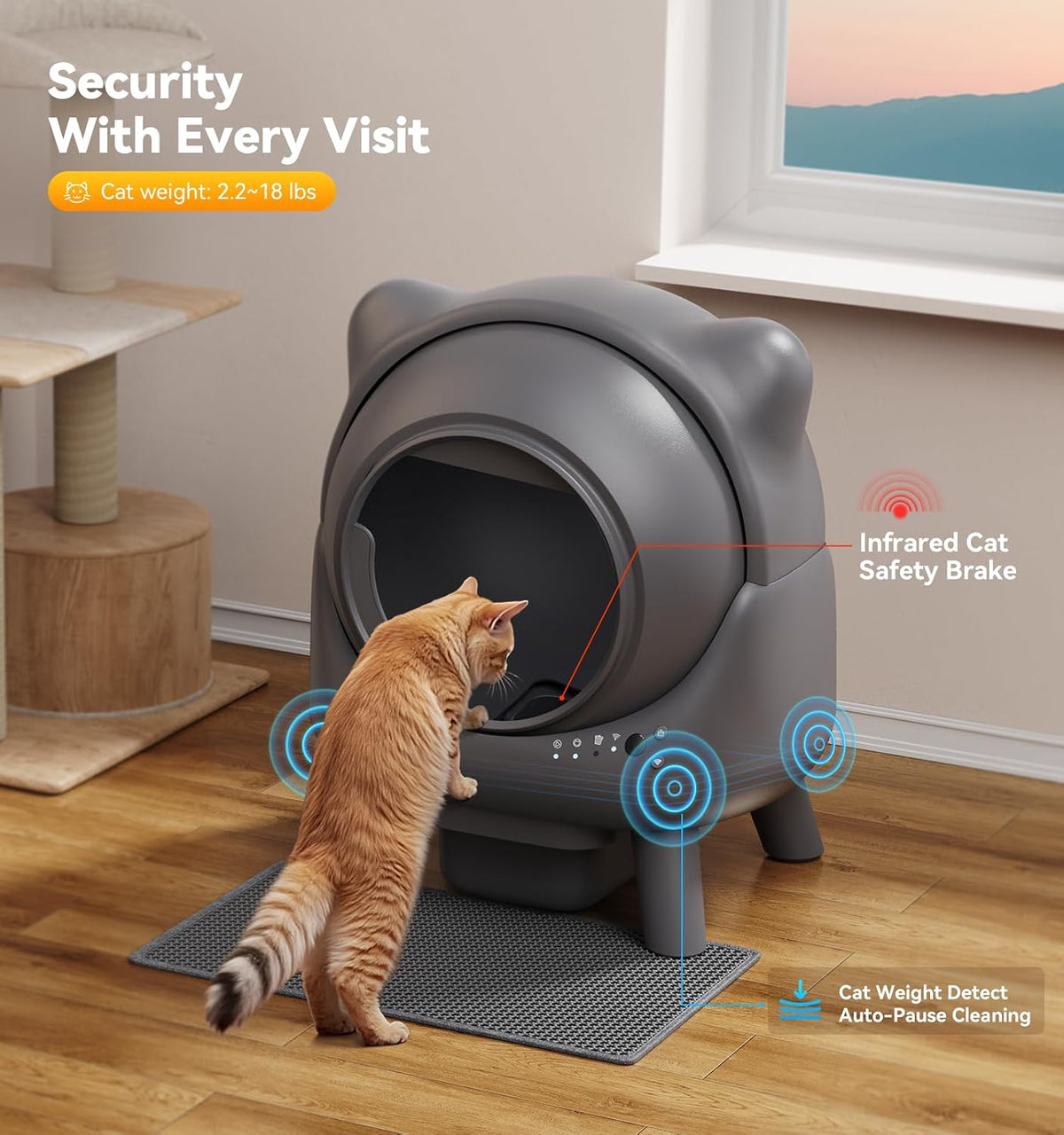 FEELNEEDY - Caja de arena automática de limpieza automática, robot de control de olores, diseño de orejas de gato, monitor en tiempo real de aplicación de 65 L, cajas de arena para gatos para