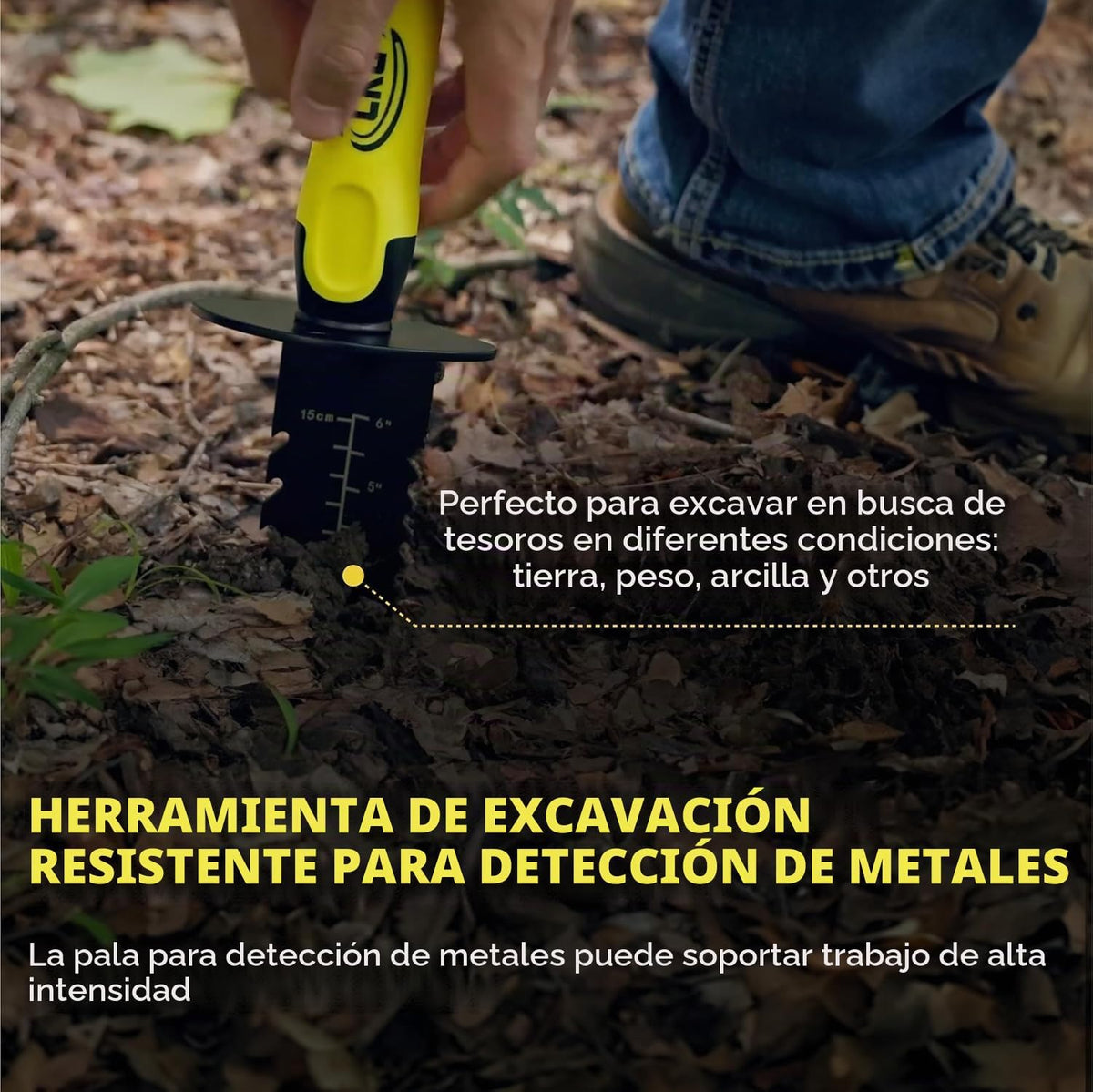 Pala detector de metales, herramienta de excavación de doble borde dentado resistente, con cuchillo para jardinería, caza, campamento, deshierbe, plantación y búsqueda de tesoros, color negro