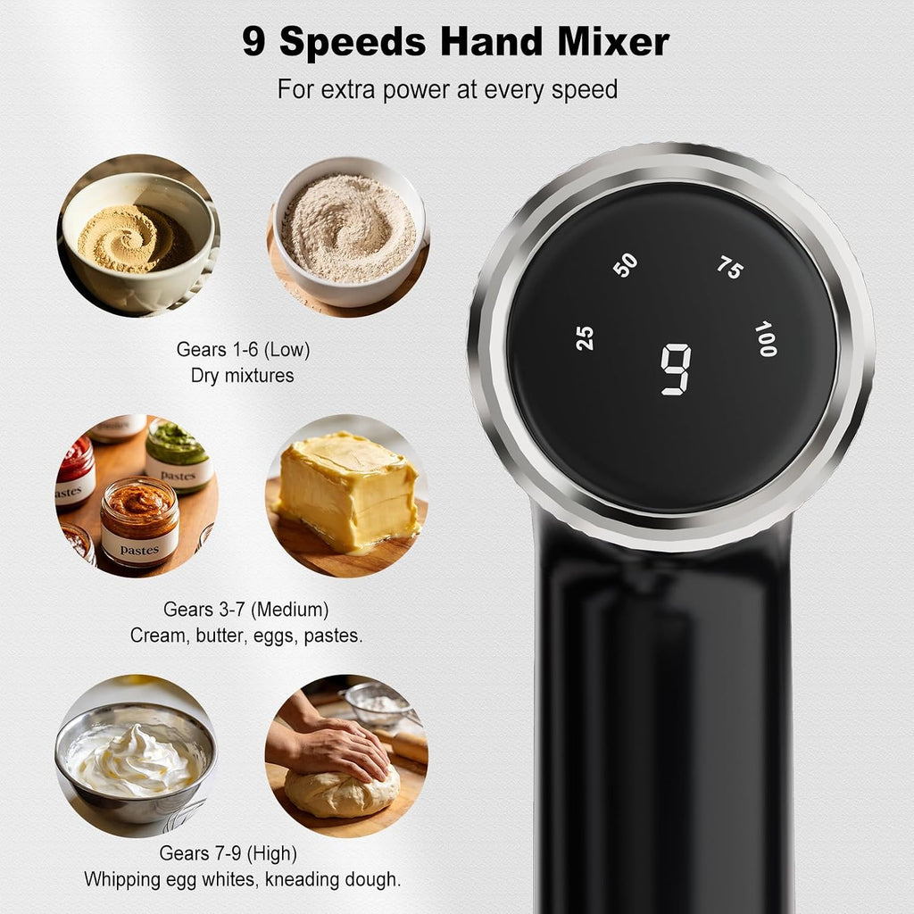 Camic Batidora de mano eléctrica con 9 velocidades, potente motor, batidora de mano inalámbrica con batidor, gancho para masa y varilla mezcladora para batir huevos, crema, mantequilla, mermelada