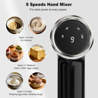 Camic Batidora de mano eléctrica con 9 velocidades, potente motor, batidora de mano inalámbrica con batidor, gancho para masa y varilla mezcladora para batir huevos, crema, mantequilla, mermelada