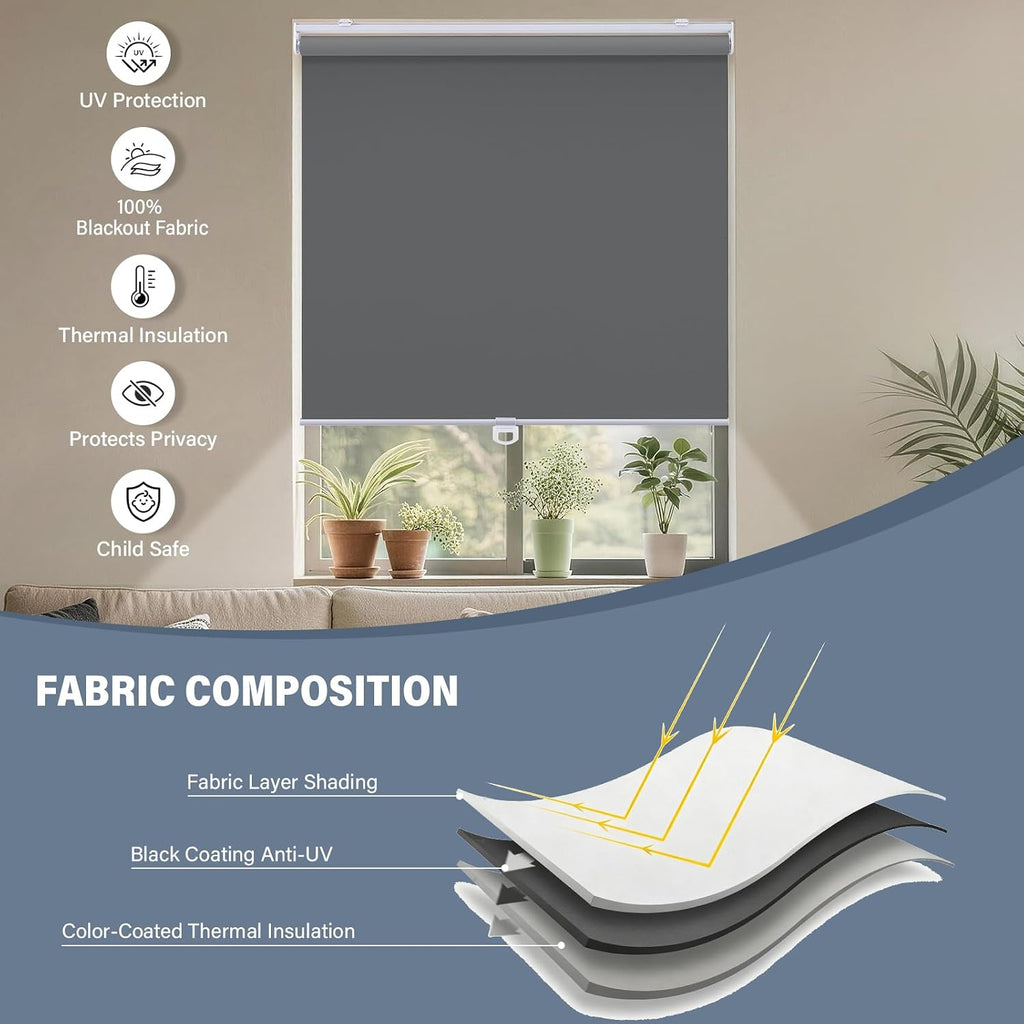 AOSKY Persianas Enrollables Sin Cable Opacas para Ventanas Oscurecimiento de Habitación Persianas Enrolladas con Sistema de Resorte, Protección UV Persianas de Ventana Persianas de Puerta para Hogar y