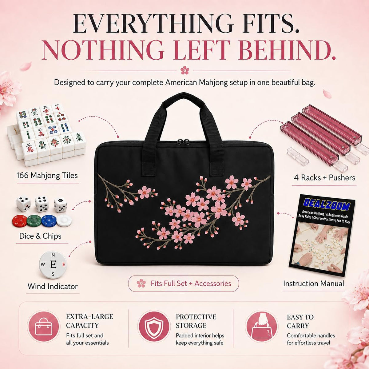 American Mahjong Set completo, juego completo con 166 azulejos Mahjong, bastidores Mahjong con empujadores, instrucciones, dados, fichas, indicador de viento y accesorios Mahjong en bolsa