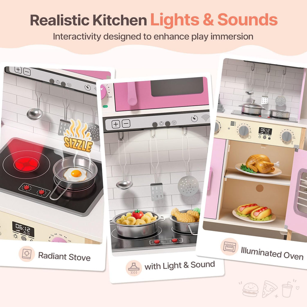 Cocina de madera para niños, altura ajustable, luces reales