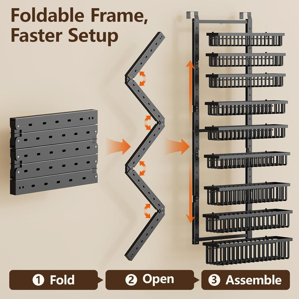Organizador de despensa de 9 niveles sobre la puerta, soporte de pared 2 en 1 o estante de especias colgante con cesta profunda ajustable, organizador de condimentos resistente y almacenamiento para armario de cocina, armario, baño